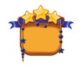 Game victory stars, cartoon assets for the game design. Golden stars with blue ribbon and gemstones on dark background