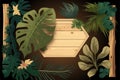 game wooden boards and branches liana and tropical leaves old paper, rope, decorated. Vector cartoon timber boards. eps