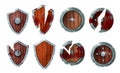 Game wooden broken shield vector medieval icon set, fantasy warrior battle armor collection.