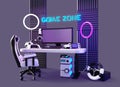 Game zone 3d room interior with setup for playing and streaming at night. Computer on table, chair, headphones, led ring Royalty Free Stock Photo