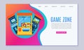 Game zone vector web template illustration. Arcade games, hunting, fishing, boxing and dancing where gamesome gambler or Royalty Free Stock Photo