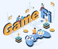 Gamefi concept. Blockchain game vector 3d isometric poster. Crypto, nft art, token and fungible finance. People earn