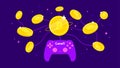 GameFi concept. Crypto currency coins with game controller on blue background