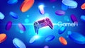 GameFi tokens crypto currency with game controller on blue background