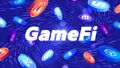 GameFi tokens crypto currency themed banner. Digital money falling