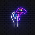 Gamepad hand neon icon in modern style on light background.