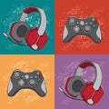 Gamepad joystick game controller and Headphones with microphone. Devices for video games, esports, gamer. Hand drawn