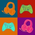 Gamepad joystick game controller and Headphones with microphone. Devices for video games, esports, gamer. Hand drawn