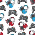 Gamepad joystick game controller and Headphones with microphone seamless pattern. Devices for video games, esports Royalty Free Stock Photo