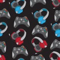 Gamepad joystick game controller and Headphones with microphone seamless pattern. Devices for video games, esports Royalty Free Stock Photo