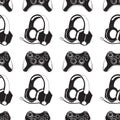 Gamepad joystick game controller and Headphones with microphone seamless pattern. Devices for video games, esports