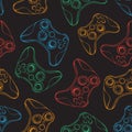 Gamepad joystick game controller seamless pattern. Devices for video games, esports, gamer on black background. Hand Royalty Free Stock Photo