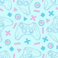 Gamepad joystick game controller seamless pattern. Devices for video games, esports, gamer on blue background. Hand