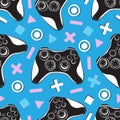 Gamepad joystick game controller seamless pattern. Devices for video games, esports, gamer on blue background. Hand Royalty Free Stock Photo