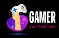 Gamepad logo. Electronic sports, e-sports, or eSports concept. Hand Holding game controller on creative colorful background