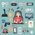 Gamepad vector gamer playing gameplay and player character gaming videogame with joystick or game-console illustration