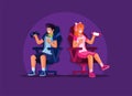 Gamer boy and girl sitting in gaming chair with holding gamepad and portable game. esport player illustration vector