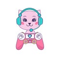 Gamer cat cute flat style vector illustration with kawaii cat, headphones and game controller Royalty Free Stock Photo