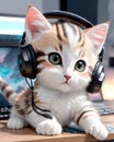 Gamer cat kitty with headphones playing video games on his PC computer