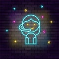 Gamer girl avatar retro neon on wall. Dark background brick wall neon icon