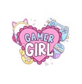 Gamer girl colorful design isolated with pink heart and kawaii objects gamepad, cute headphones, tamagotchi