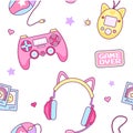 Gamer girl colorful seamless pattern with gaming elements. Vector flat style illustration