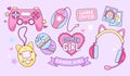 Gamer Girl kawaii elements set. Vintage Pink Kawaii Girl 90Ã¢â¬â¢s Game