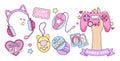 Gamer Girl kawaii elements set. Vintage Pink Kawaii Girl 90Ã¢â¬â¢s Game