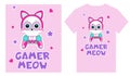 Gamer Girl T shirt design template vector illustration with cute cat Royalty Free Stock Photo