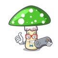 Gamer green amanita mushroom mascot cartoon