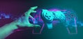 gamer hand touching and interactive to holographic of gaming joystick controller, Royalty Free Stock Photo