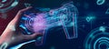 gamer hand touching and interactive to holographic of gaming joystick controller, Royalty Free Stock Photo