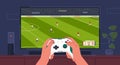 Gamer hands with console controller. Hands holding joystick, man is playing football simulator, guy front of screen Royalty Free Stock Photo