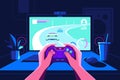 Gamer hands holding console in front of screen