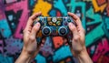 Gamer Holding a Customized Playstation Controller Against a Vibrant Graffiti Backdrop Royalty Free Stock Photo