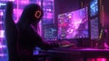 A gamer immersed in an electrifying virtual world in a neon-lit gaming setup at night Royalty Free Stock Photo