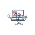 Gamer laptop cartoon mascot on white background.