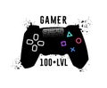 Gamer 100 level. Gamepad emblem, T-shirt garaphics. Vector illustration.