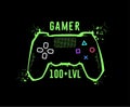 Gamer 100 level. Gamepad emblem, T-shirt graphics. Vector illustration.