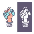 Gamer for life t-shirt design. Hand with joystick. Vector vintage illustration.