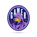 Gamer logo. gamer player with joystick as goggle logo symbol - v