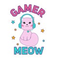 Gamer meow cute flat style gamer girl vector illustration with a cat wearing headphones