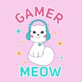 Gamer meow cute flat style vector illustration with a cat wearing headphones on pink background