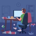 Gamer in messy room flat color vector illustration Royalty Free Stock Photo