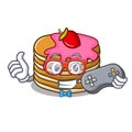 Gamer pancake with strawberry mascot cartoon