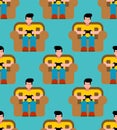 Gamer pattern seamless. Guy on chair and videogame. Boy and joys