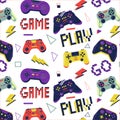 Gamer pattern. Seamless print with game controller for boys t-shirt, console video game graffiti with joystick. Bright