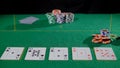 Gamer person playing poker in casino. Betting chips stacks. Dealer and gambler.