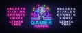 Gamer Play Win logo neon sign Vector logo design template. Game night logo in neon style, gamepad in hand, modern trend