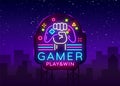 Gamer Play Win logo neon sign Vector logo design template. Game night logo in neon style, gamepad in hand, modern trend